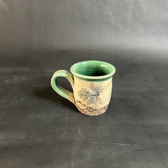 Handmade Stoneware Mug Leaf Motif Dragonfly Thistle Stained Artisan Pottery - Picture 2 of 11